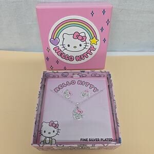 Hello Kitty 3-Piece Bling Fine Silver Plated Necklace & Earrings Set Pink Bows